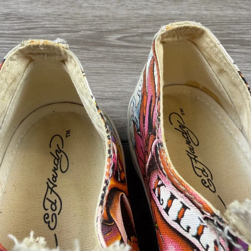 Ed Hardy Women Sneaker Slip On Tattoo Graphic Skull Peace White Multi Size 7